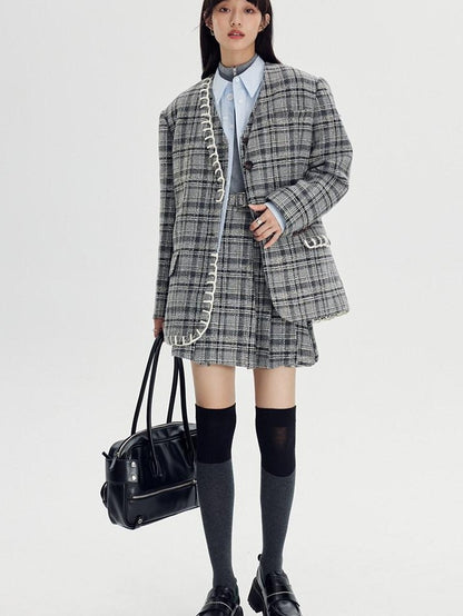DIDDI MODA Black White Plaid Minimalist Bow Women&