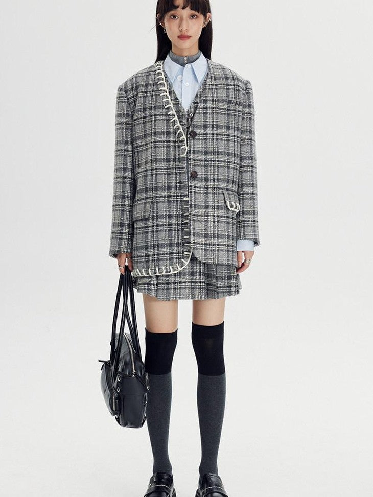 DIDDI MODA Black White Plaid Minimalist Bow Women&