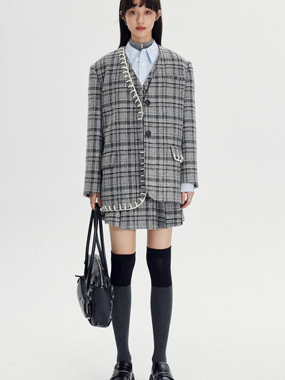 DIDDI MODA Black White Plaid Minimalist Bow Women&