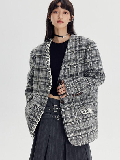 DIDDI MODA Black White Plaid Minimalist Bow Women&