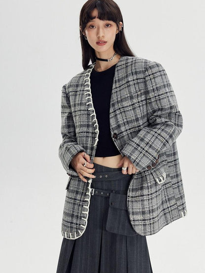 DIDDI MODA Black White Plaid Minimalist Bow Women&
