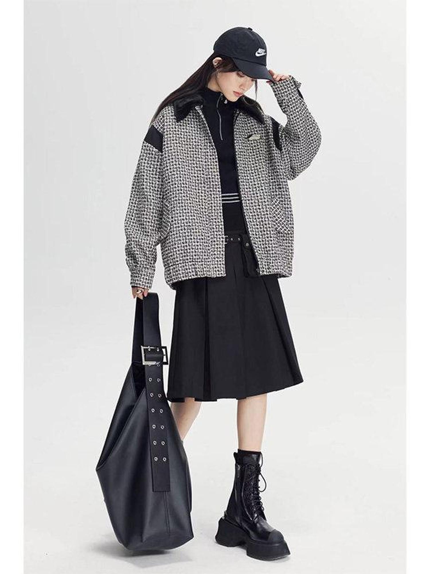 DIDDI MODA Black White Plaid Minimalist Bow Women&