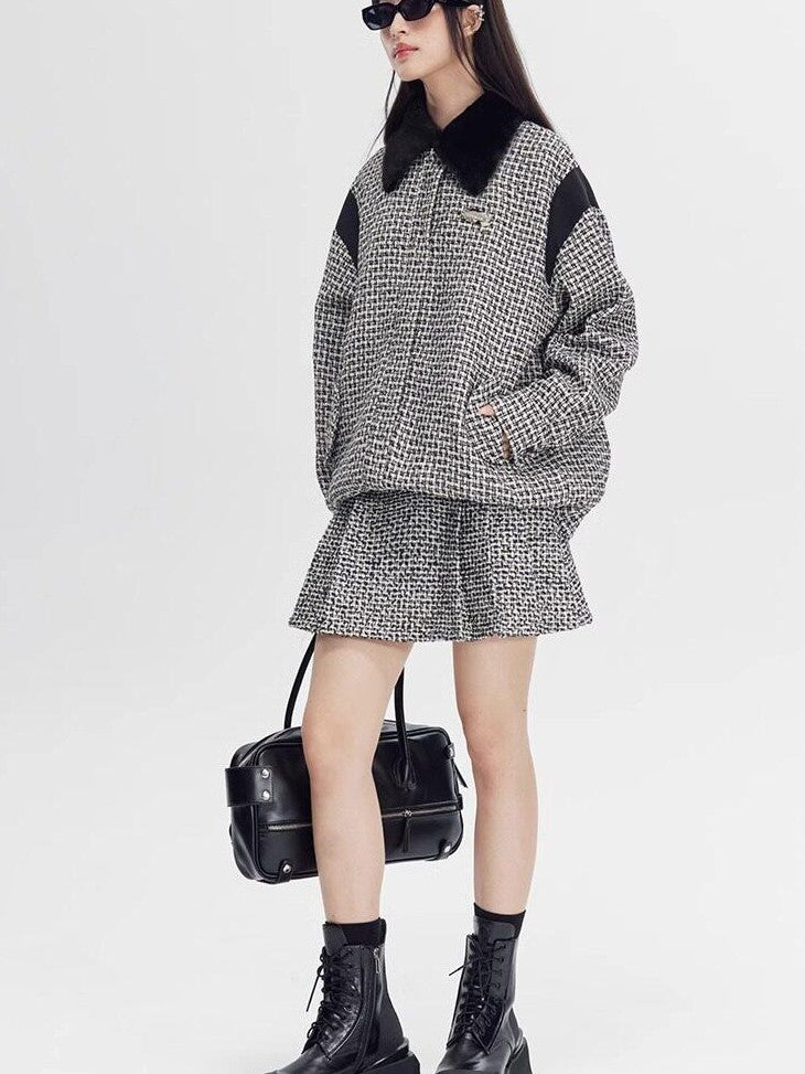 DIDDI MODA Black White Plaid Minimalist Bow Women&