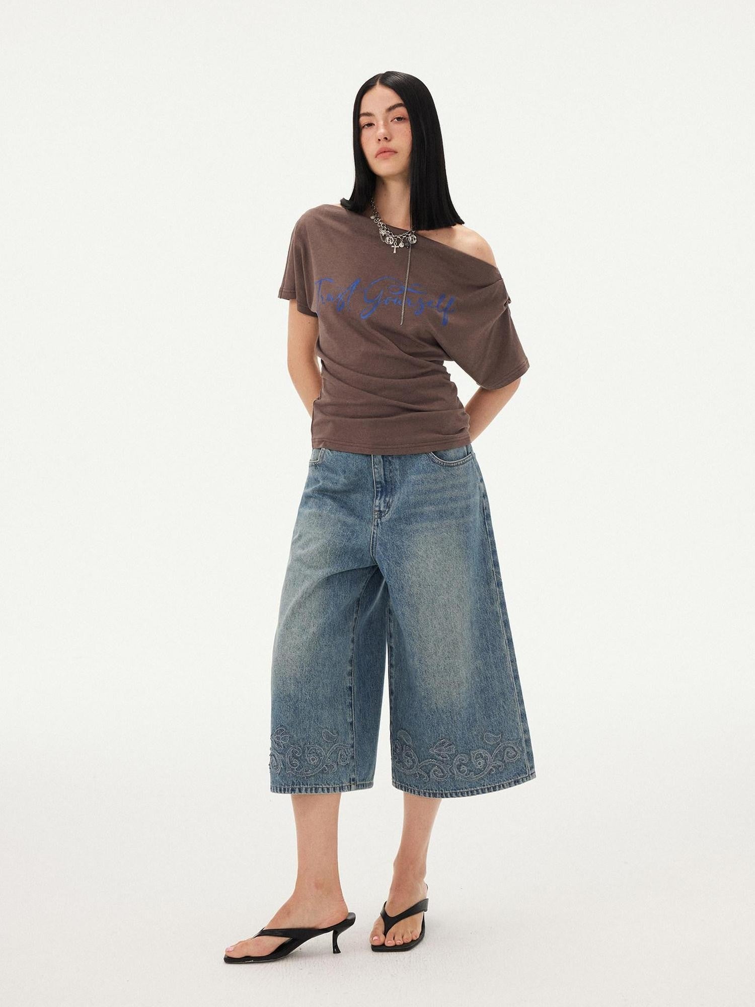 DIDDI MODA Blue Applique Embroidered Wide Leg A Line Women&