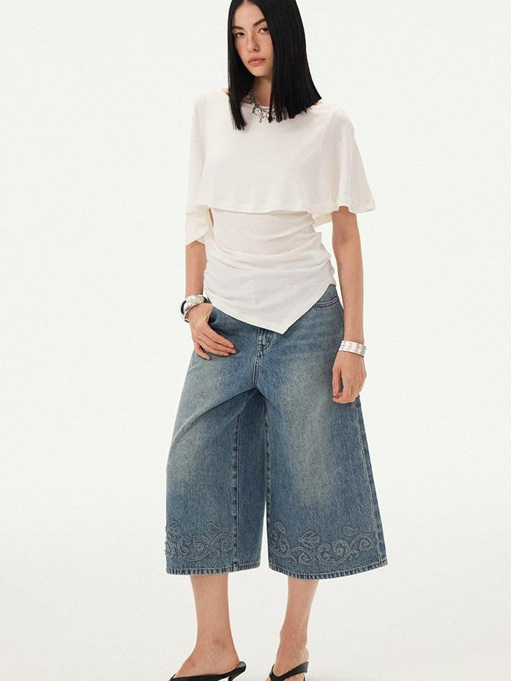 DIDDI MODA Blue Applique Embroidered Wide Leg A Line Women&
