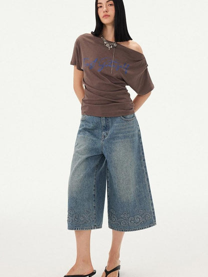 DIDDI MODA Blue Applique Embroidered Wide Leg A Line Women&