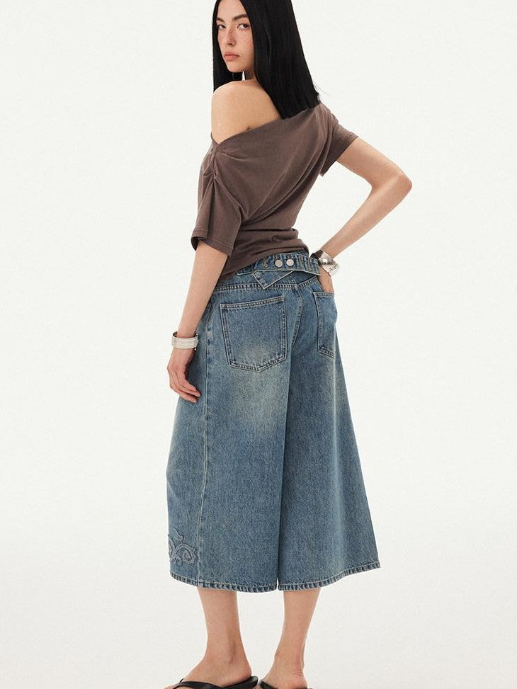 DIDDI MODA Blue Applique Embroidered Wide Leg A Line Women&