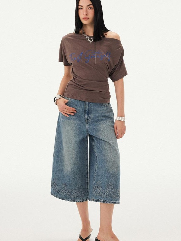 DIDDI MODA Blue Applique Embroidered Wide Leg A Line Women&