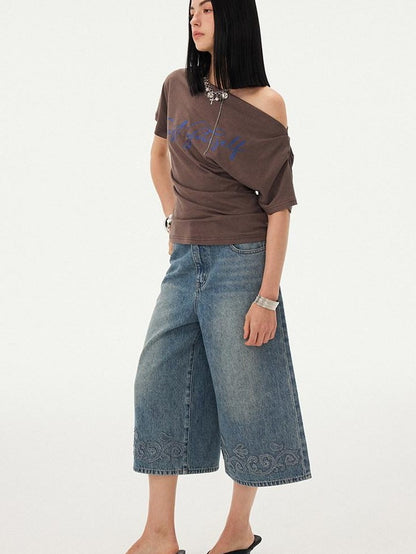 DIDDI MODA Blue Applique Embroidered Wide Leg A Line Women&