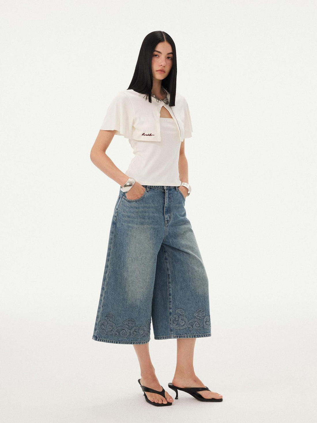 DIDDI MODA Blue Applique Embroidered Wide Leg A Line Women&