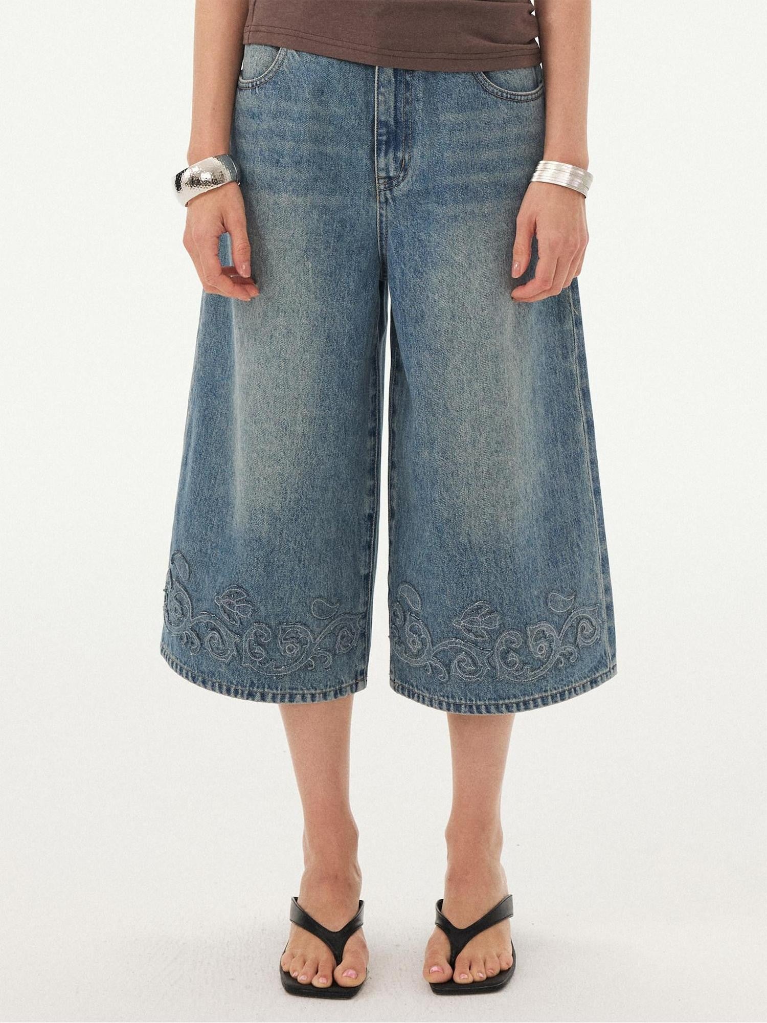 DIDDI MODA Blue Applique Embroidered Wide Leg A Line Women&