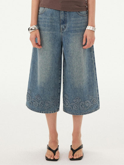 DIDDI MODA Blue Applique Embroidered Wide Leg A Line Women&
