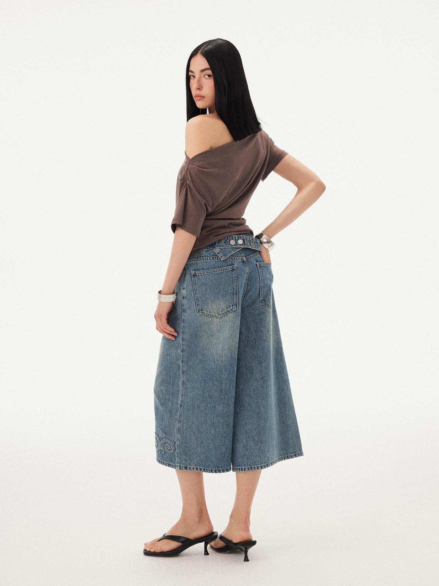 DIDDI MODA Blue Applique Embroidered Wide Leg A Line Women&