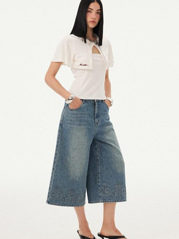 DIDDI MODA Blue Applique Embroidered Wide Leg A Line Women&