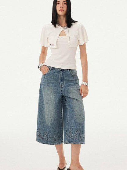 DIDDI MODA Blue Applique Embroidered Wide Leg A Line Women&