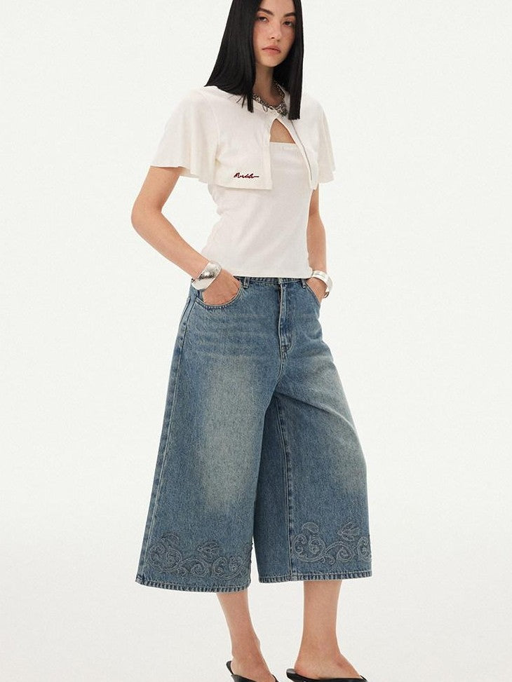 DIDDI MODA Blue Applique Embroidered Wide Leg A Line Women&