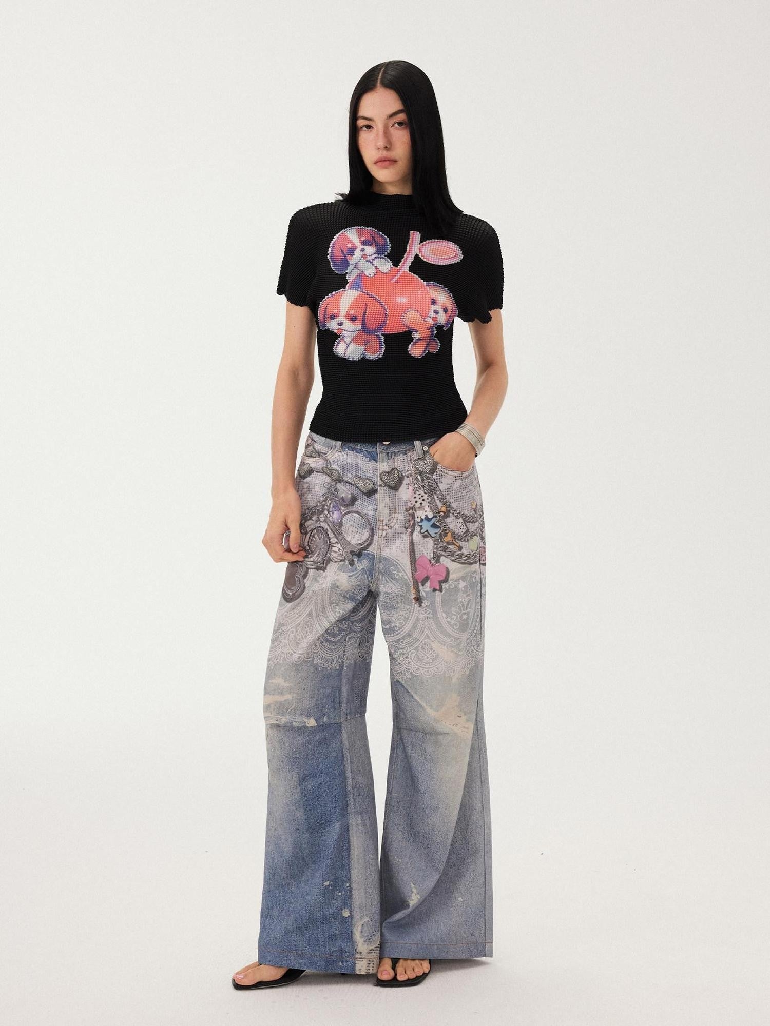 DIDDI MODA Blue Chain Digital Print Bow Pattern Women&