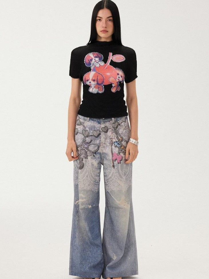 DIDDI MODA Blue Chain Digital Print Bow Pattern Women&