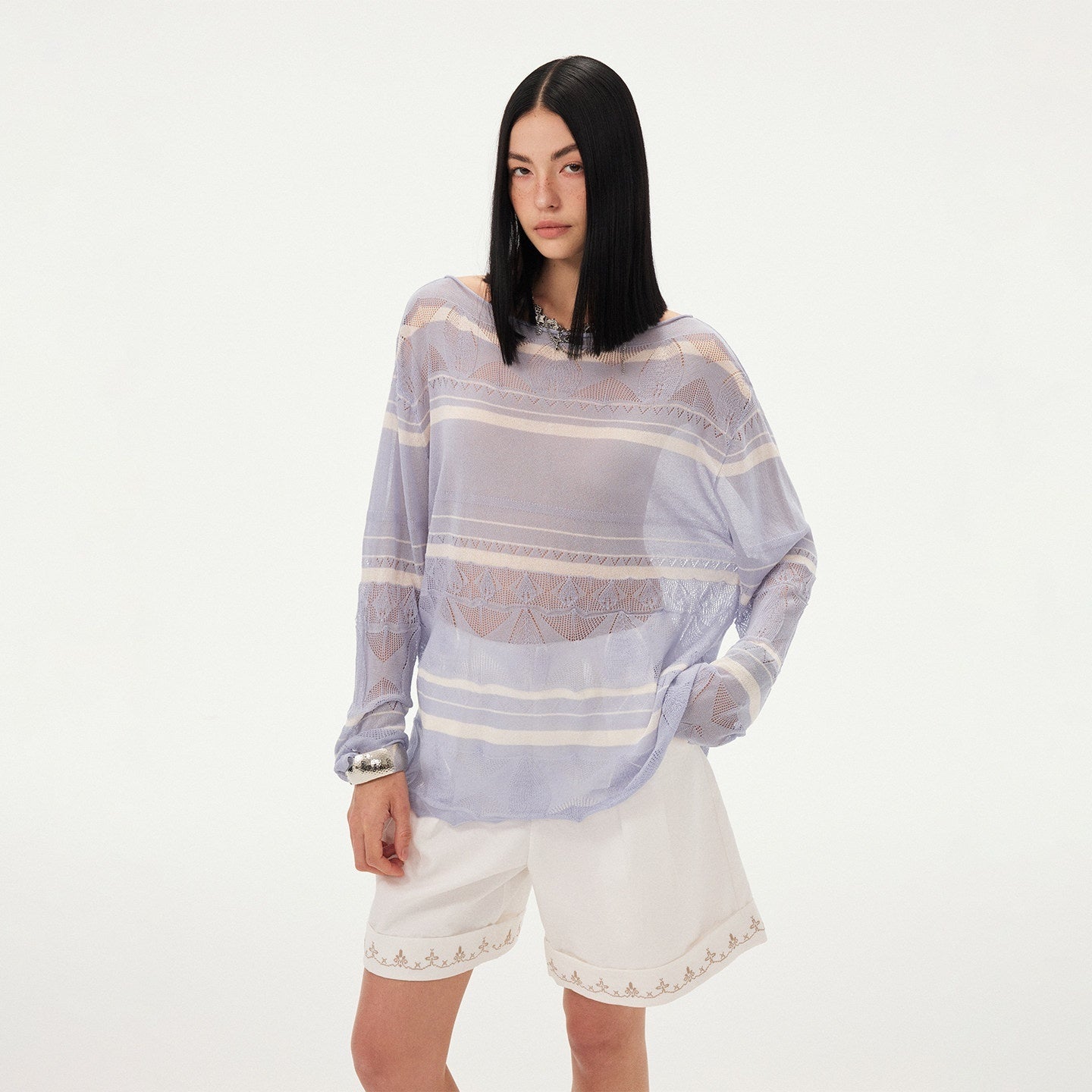 DIDDI_MODA_Blue_Knitted_Eyelet_Faux_Crochet_Striped_Round_Neck_Women&