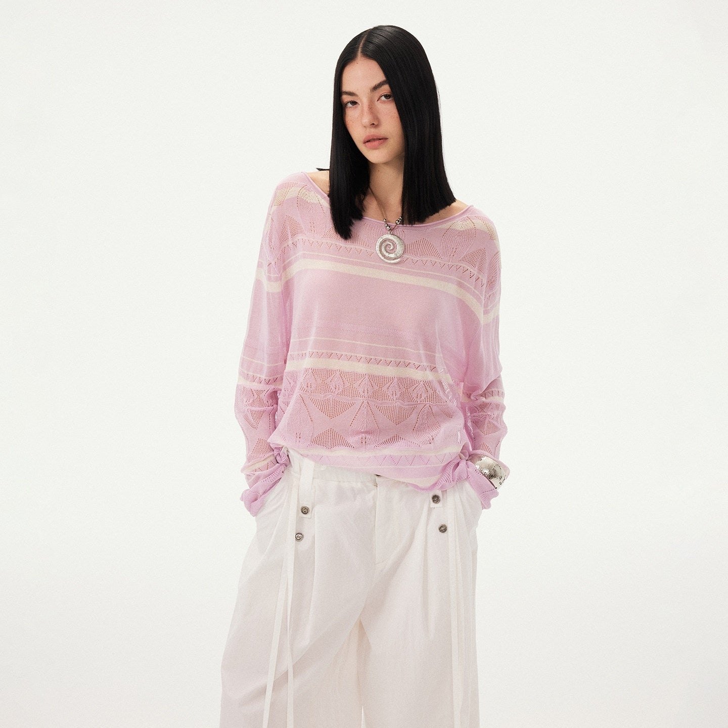 DIDDI_MODA_Blue_Knitted_Eyelet_Faux_Crochet_Striped_Round_Neck_Women&