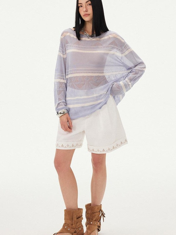 DIDDI MODA Blue Knitted Eyelet Faux Crochet Striped Round Neck Women&