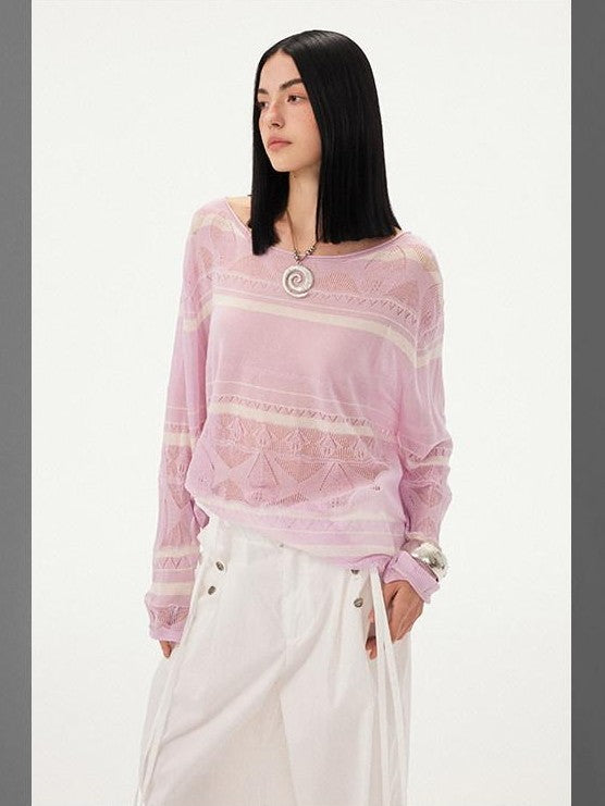 DIDDI MODA Blue Knitted Eyelet Faux Crochet Striped Round Neck Women&