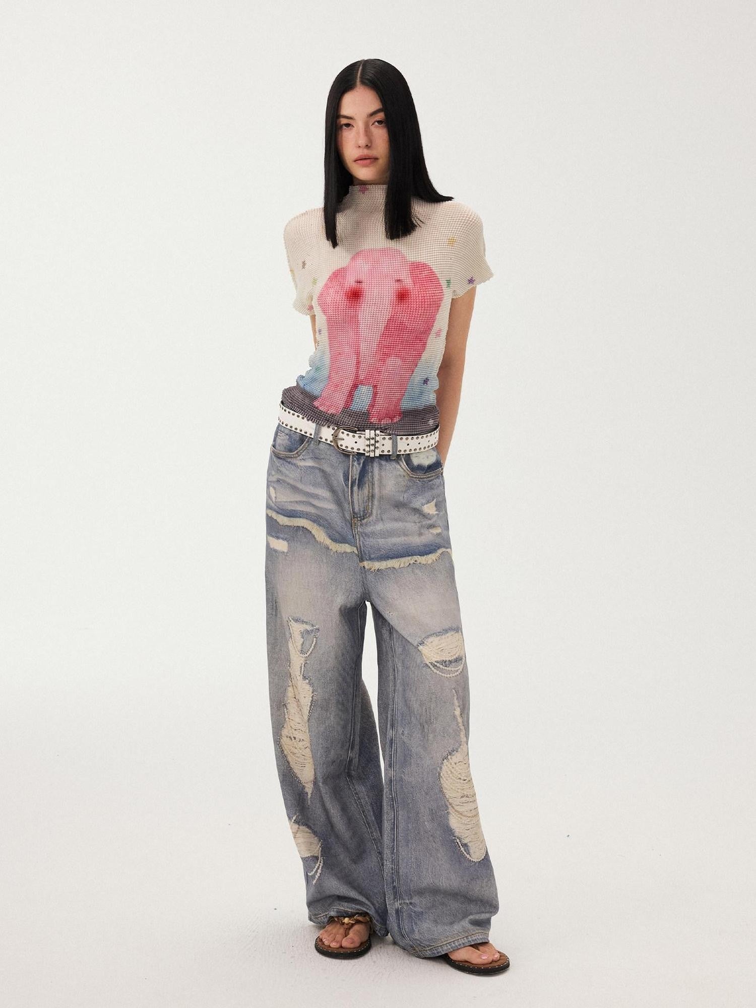 DIDDI MODA Blue Printed Distressed Faux Layered Women&