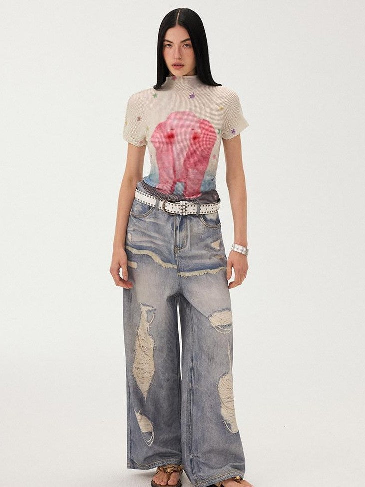 DIDDI MODA Blue Printed Distressed Faux Layered Women&