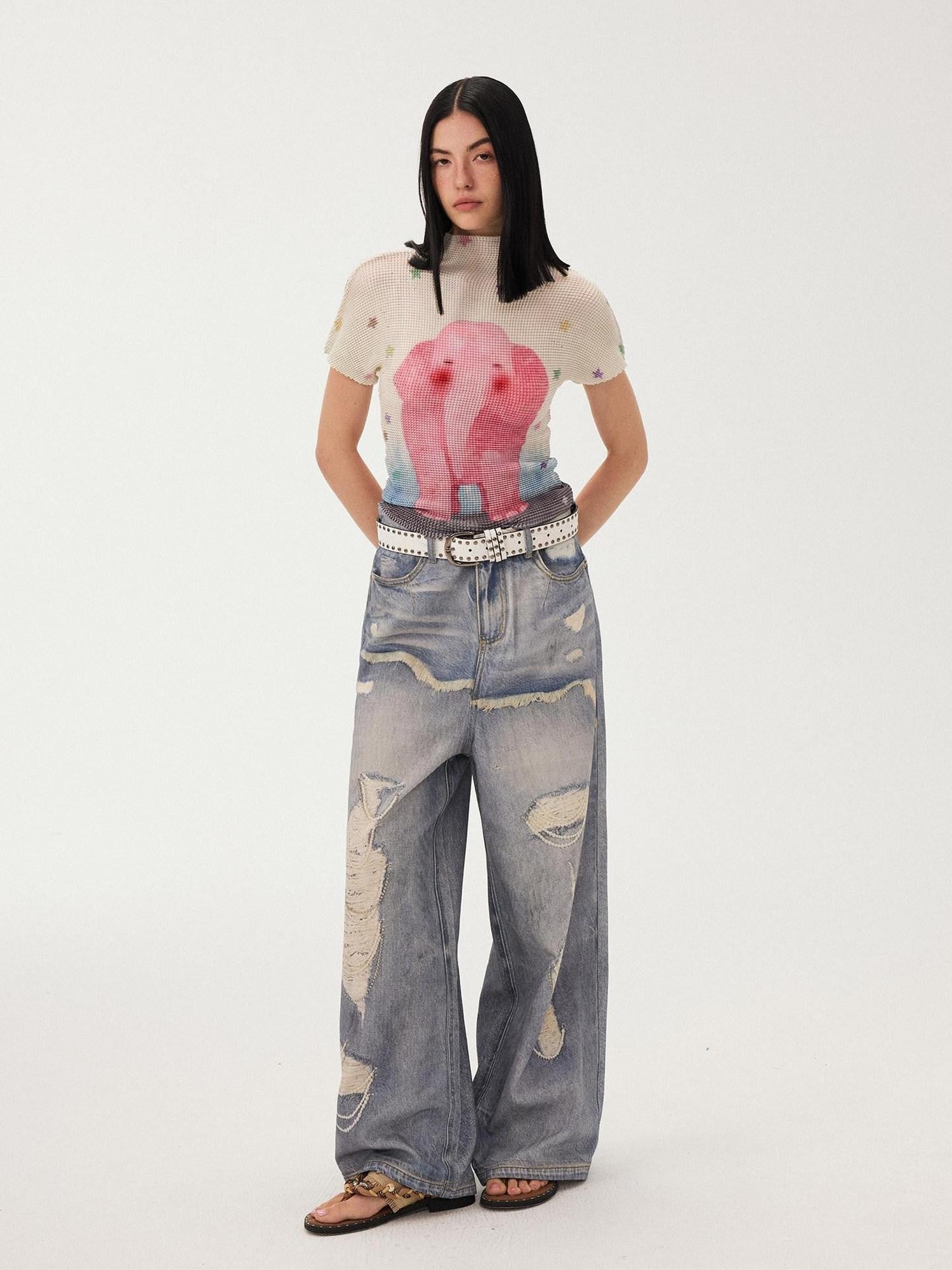 DIDDI MODA Blue Printed Distressed Faux Layered Women&