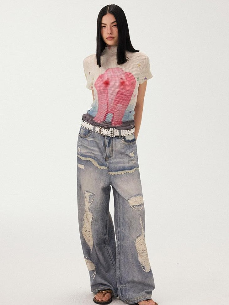 DIDDI MODA Blue Printed Distressed Faux Layered Women&
