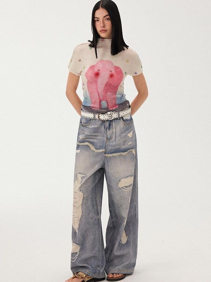 DIDDI MODA Blue Printed Distressed Faux Layered Women&