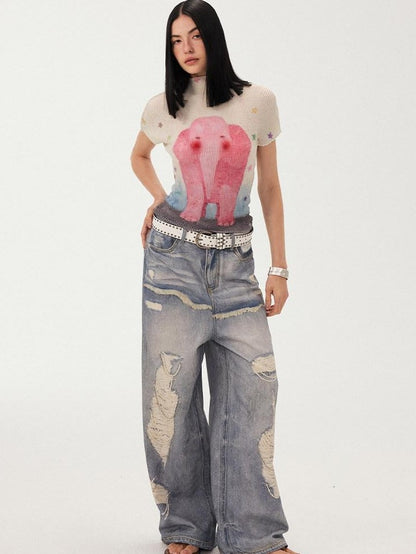DIDDI MODA Blue Printed Distressed Faux Layered Women&