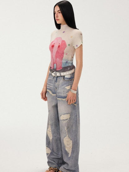 DIDDI MODA Blue Printed Distressed Faux Layered Women&