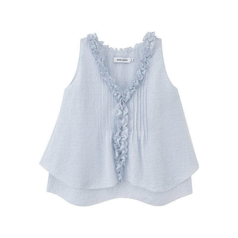 DIDDI_MODA_Blue_Striped_Lace_Ruffle_V-neck_Asymmetric_A_Line_Women&