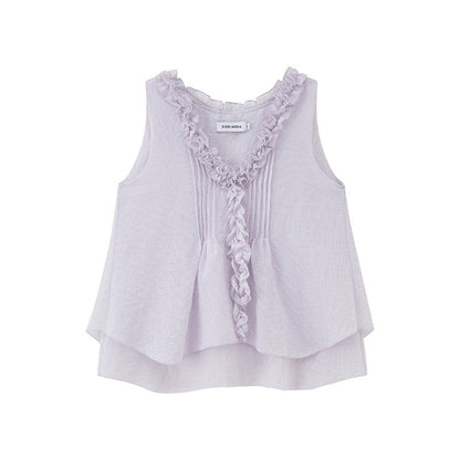 DIDDI_MODA_Blue_Striped_Lace_Ruffle_V-neck_Asymmetric_A_Line_Women&