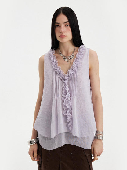 DIDDI MODA Blue Striped Lace Ruffle V-neck Asymmetric A Line Women&
