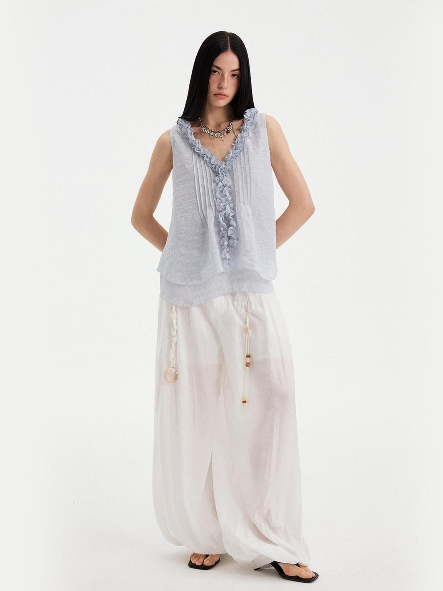 DIDDI MODA Blue Striped Lace Ruffle V-neck Asymmetric A Line Women&