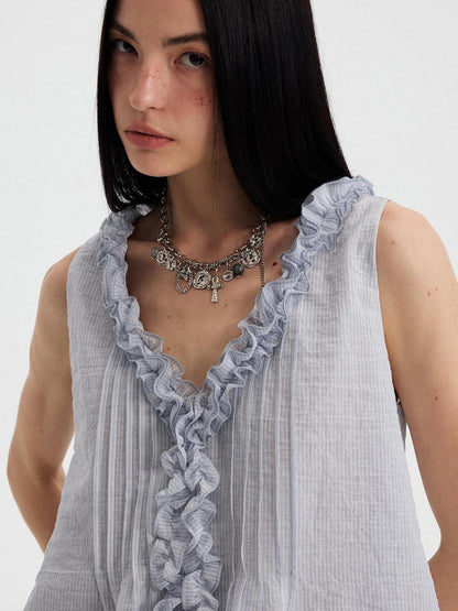 DIDDI MODA Blue Striped Lace Ruffle V-neck Asymmetric A Line Women&