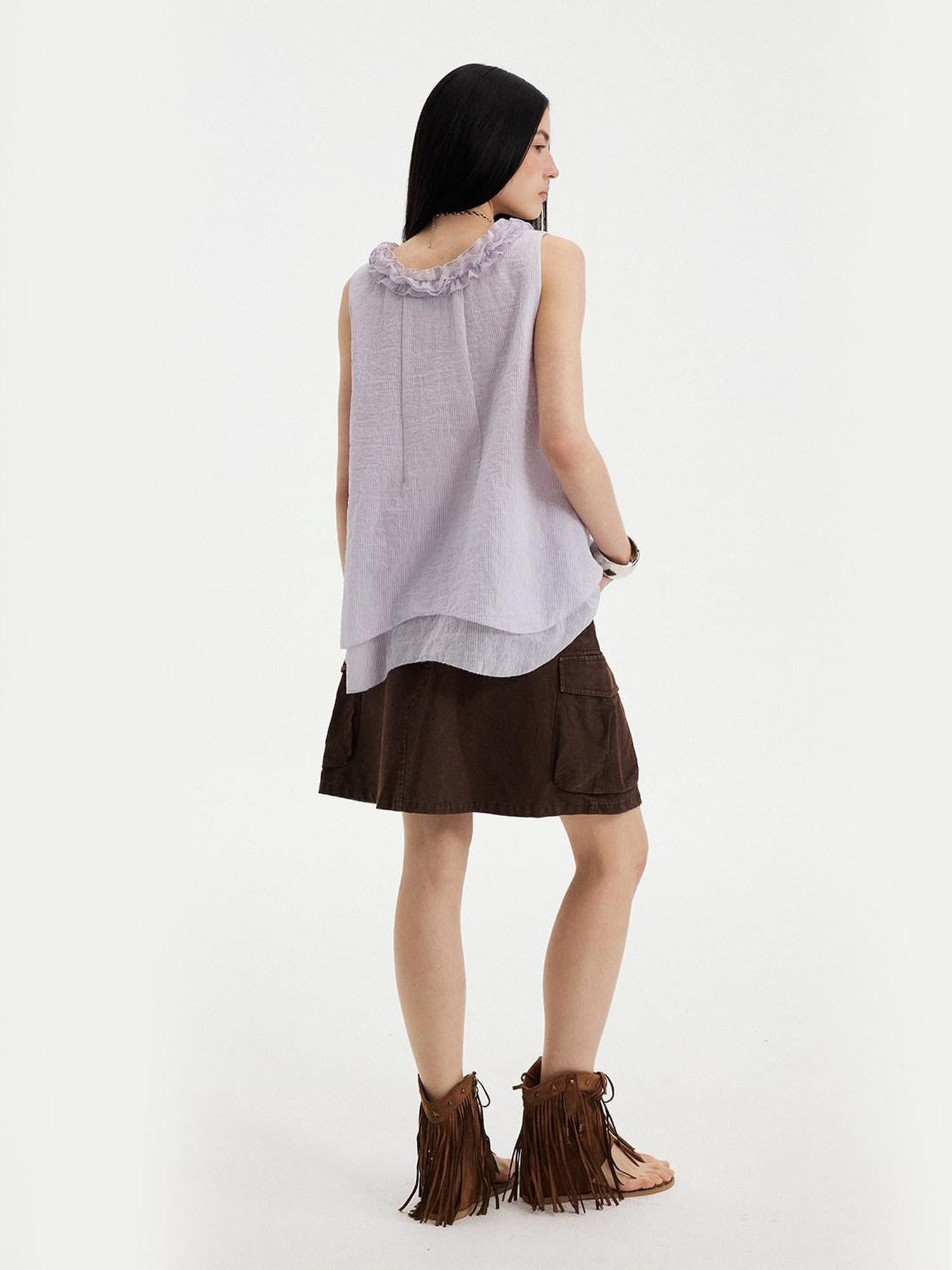DIDDI MODA Blue Striped Lace Ruffle V-neck Asymmetric A Line Women&