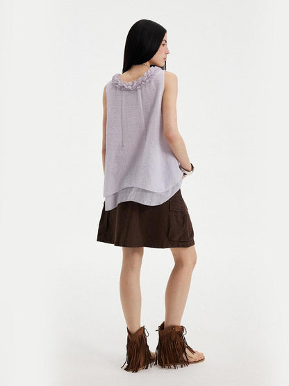 DIDDI MODA Blue Striped Lace Ruffle V-neck Asymmetric A Line Women&