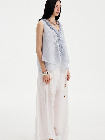 DIDDI MODA Blue Striped Lace Ruffle V-neck Asymmetric A Line Women&