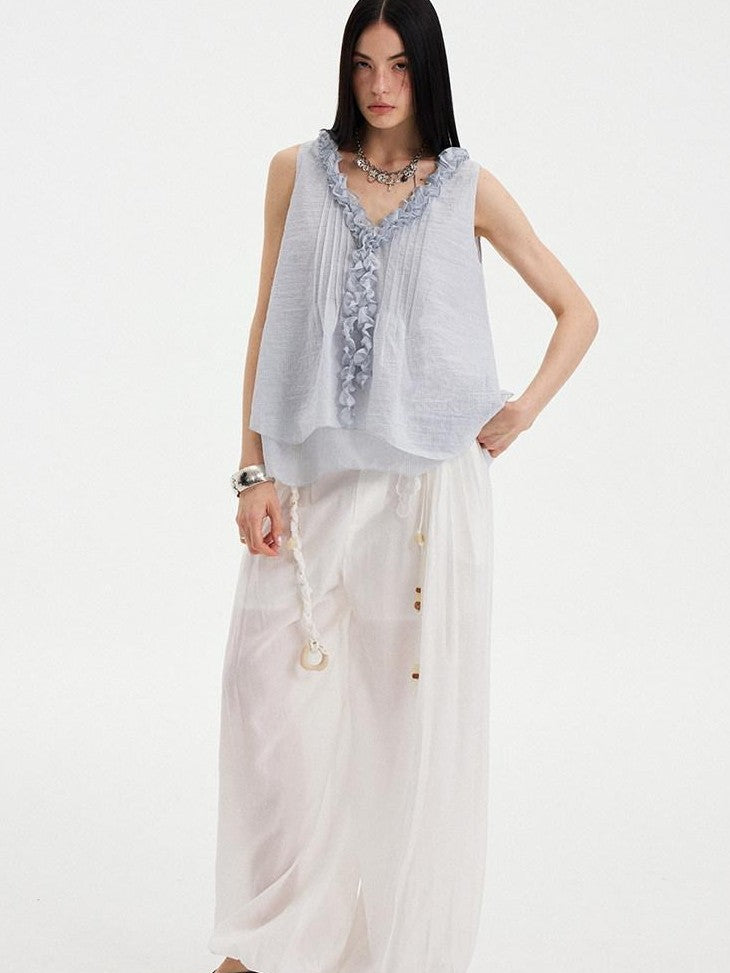 DIDDI MODA Blue Striped Lace Ruffle V-neck Asymmetric A Line Women&
