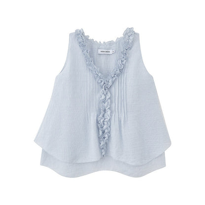 DIDDI_MODA_Blue_Striped_Lace_Ruffle_V-neck_Women&