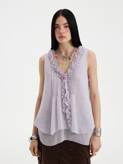 DIDDI MODA Blue Striped Lace Ruffle V-neck Women&