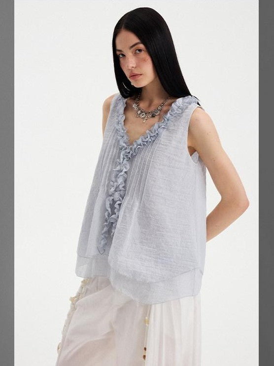 DIDDI MODA Blue Striped Lace Ruffle V-neck Women&