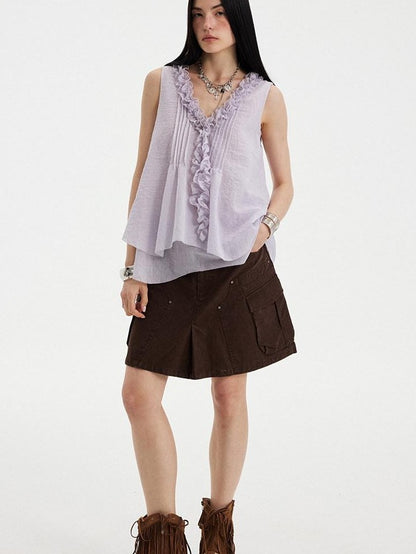 DIDDI MODA Blue Striped Lace Ruffle V-neck Women&