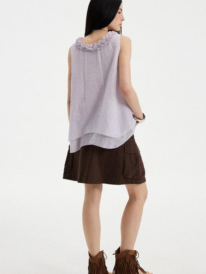 DIDDI MODA Blue Striped Lace Ruffle V-neck Women&