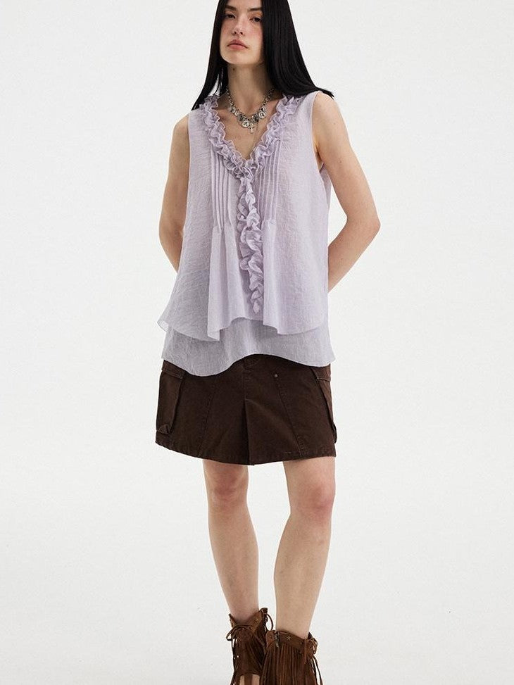 DIDDI MODA Blue Striped Lace Ruffle V-neck Women&