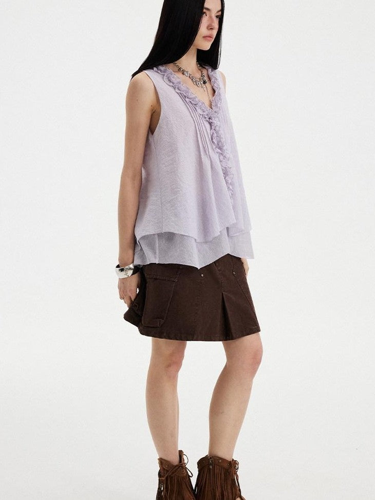 DIDDI MODA Blue Striped Lace Ruffle V-neck Women&