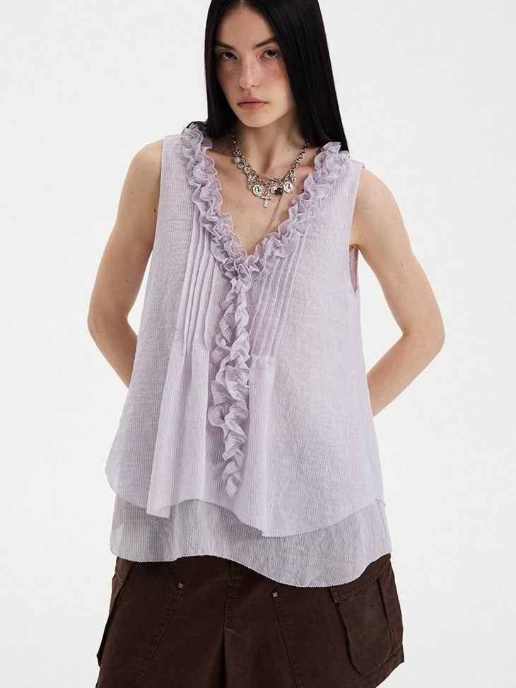DIDDI MODA Blue Striped Lace Ruffle V-neck Women&